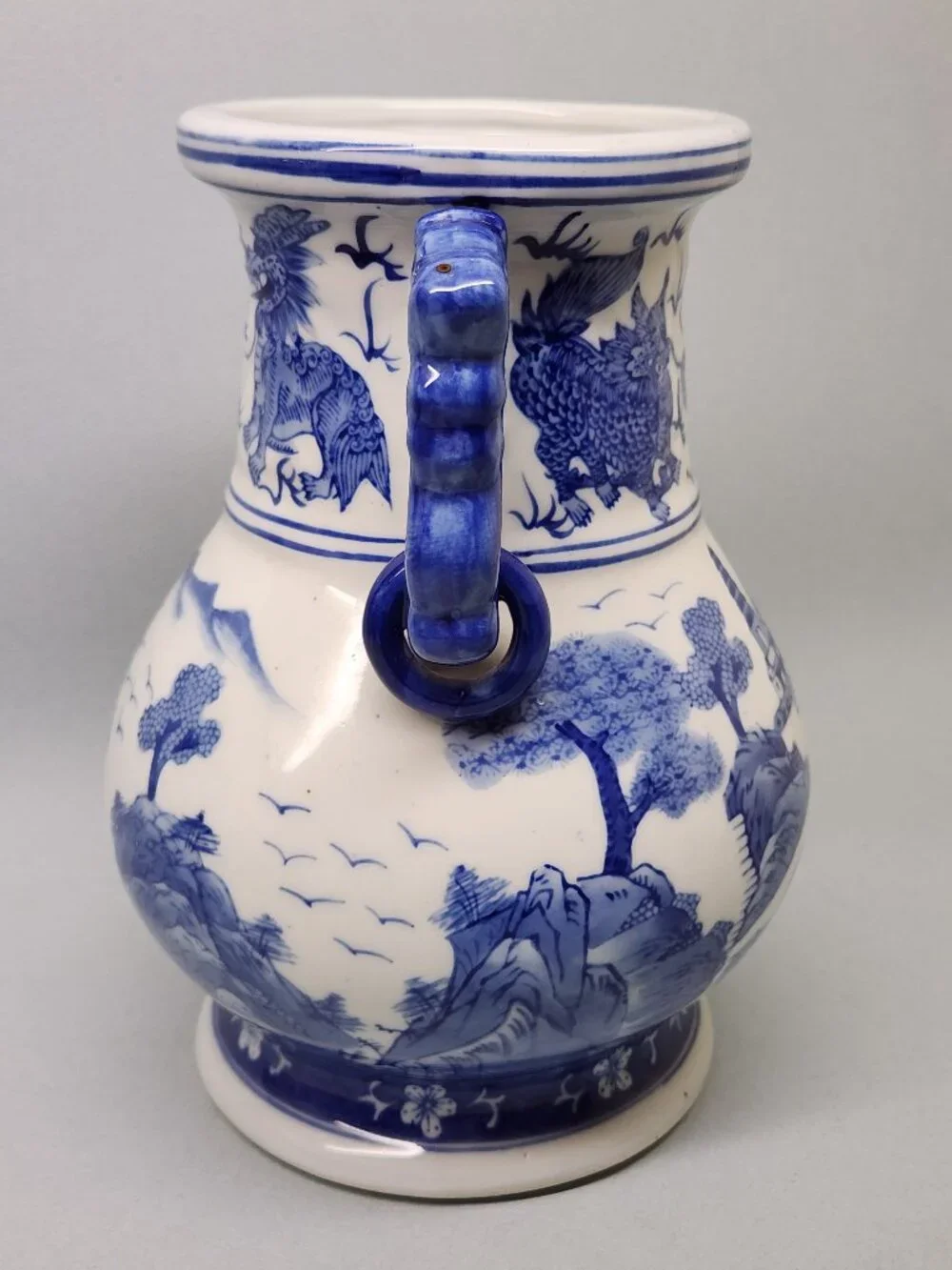 Chinese Blue and White Two Handled Vase / Hand Painted / 9 Inches Tall